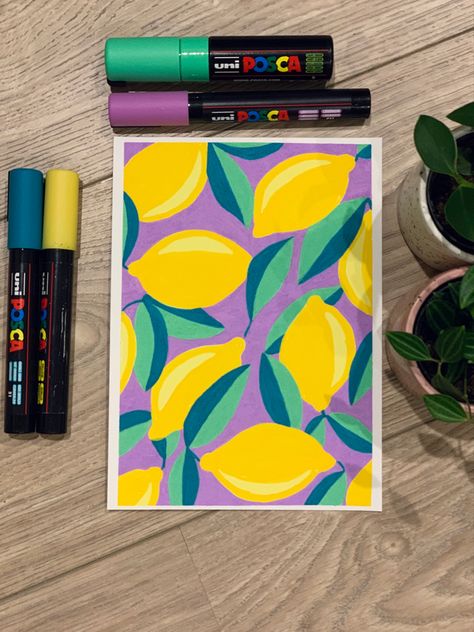 Drawing Ideas With Posca Pens, Purple And Yellow Art Painting, Acrylic Paint Markers Art Ideas, Acrylic Paint Pens On Canvas, Drawings With Acrylic Markers, Posca Projects, Drawing Markers Ideas, Vibrant Painting Ideas, Acrylic Marker Art Ideas Easy