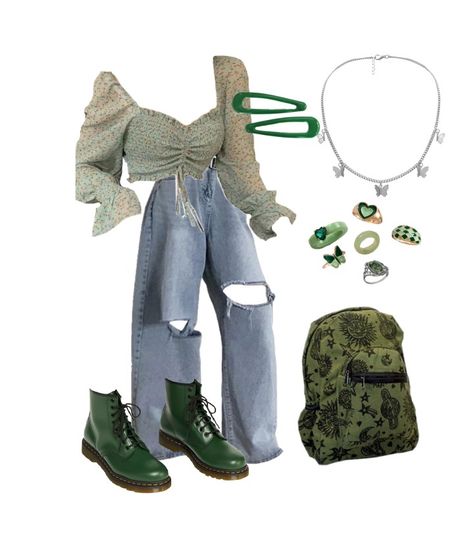 Green Doc Martens Outfit, Green Doc Martens, Green Lace Shirt, Wide Leg Jeans Shoes, Rings Butterfly, Doc Martens Outfits, Green Backpack, Wide Legged Jeans, Doc Martens Outfit