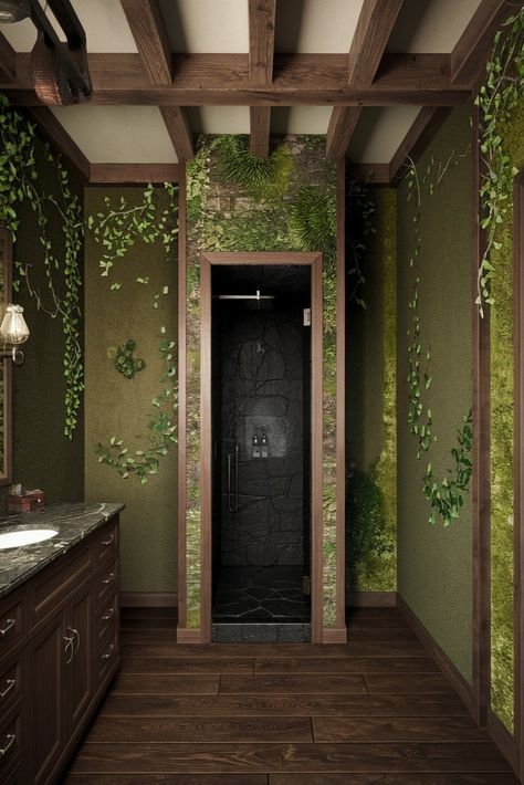 Bring the essence of a luxury forest cabin into your bathroom with dark oak details and a stunning black stone shower. Nature meets sophistication. #ForestInspired #LuxuryBathroom #NaturalDesign Forest Bathroom Theme, Forest Theme Bathroom, Rainforest Bathroom Ideas, Forest House Interior, Mansion Bathroom, Stone Shower, Forest Cabin, Bathroom Themes, Guest Bathrooms