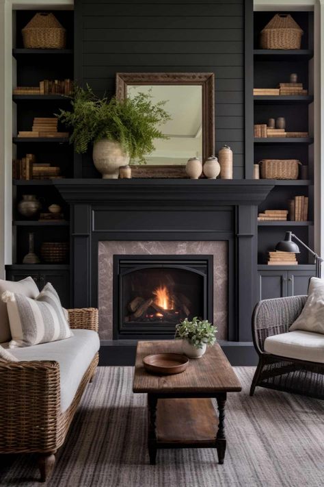 Brick Fireplace Black Mantle, Tall Ceiling Fireplace, Transitional Fireplace Design, Tv Unit Table, Black Shiplap Fireplace, Shiplap Fireplace Ideas, Den Fireplace, Black Shiplap, House Fireplace