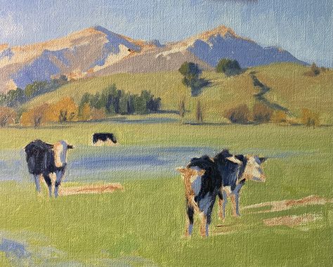 How to Paint Cows in a Frosty Field - Samuel Earp Watercolour Cow Easy, How To Paint Cows, Abstract Cow Painting, Easy Cow Painting, Cows In A Field, Modern Impressionism, Small Artwork, Cow Painting, Rural Landscape