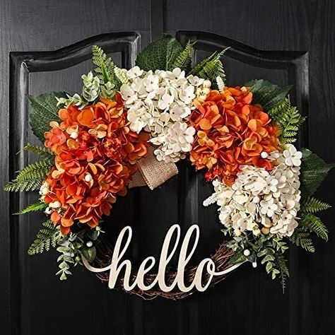 Red Hydrangea Wreath, Outdoor Fall Wreaths, Autumn Front Door, Fall Floral Decor, Red Hydrangea, Fall Hydrangea, Harvest Wreath, Door Wreaths Fall, Hydrangea Wreath