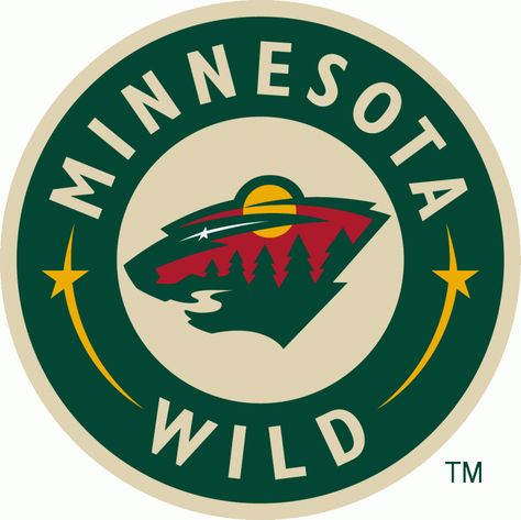 Minnesota Wild Logo - The head of a black bear created using Minnesota-area scenery, green pine trees, a wheat coloured river, a red sky, yellow sun set and white shooting star inside a green and wheat circle featuring the team name.  Worn on the front of the Minnesota Wild alternate jersey which was ultimately promoted to home jersey (SportsLogos.Net) Minnesota Wild Hockey, Fantasy Hockey, Wild Hockey, Minnesota Nice, Wild Logo, Hockey Logos, Nhl Logos, Minnesota Wild, Hockey Team