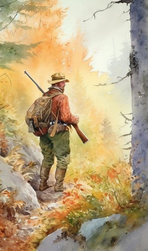 Laminated card with rounded corners. Size: 2.5” x 4.25” A man hunting in the woods. SP100 Combat Poses, Ploughmans Lunch, Cowboy Artwork, Mountain Man Rendezvous, Hunting Painting, Cowboy Photography, Masculine Art, Hunting Pictures, Art Transportation