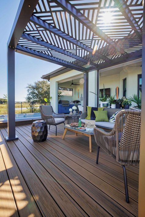 The 12-by-12-foot pergola with dynamic pattern has a powder-coated metallic finish for durability and color retention. For a more intimate outdoor retreat, you can add curtains. Visit HGTV.com for more clever design ideas from HGTV Smart Home 2021 in Naples, Florida. Skylight Design, Pergola Pictures, Deck Pictures, Modern Pergola, Rooftop Patio, Canopy Design, Casa Container, Terrace Design, Pergola Patio