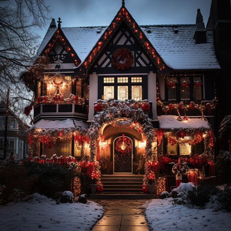 Step into a Victorian Christmas with these stunning images of houses in the snow. From a beautiful Victorian house adorned with decorations to a Christmas decorated house at night, each scene is captured in a dramatic or gothic style with atmospheric lighting. Experience the gothic chic of a house decorated in green and red with snow outside, or the gothic grandeur of a house decorated for Christmas with a Christmas tree. #VictorianChristmas #HousesInTheSnow #Decorations Victorian Home Christmas, House Exterior Christmas, Victorian Christmas Lights, Victorian Homes Christmas, Cozy Christmas House Exterior, Victorian Christmas House Exterior, Tudor Home Christmas Decor Exterior, Victorian House Christmas, Christmas House Aesthetic Exterior