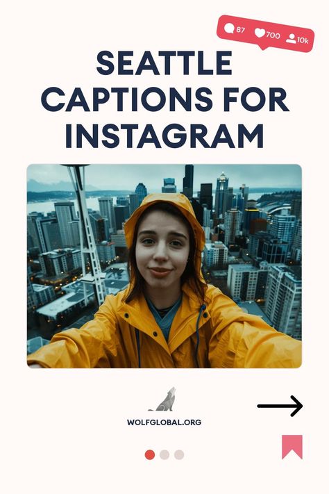 A young person in a yellow jacket taking a selfie with the Seattle skyline.
Illustrative checklist with playful Seattle related activities and a link to more content.
Promotional image featuring a smiling woman with a laptop and social media engagement graphics. Taylor Swift Captions Instagram Midnight, Midnights Captions, Queer Instagram Captions, Seattle Captions Instagram, Chief Seattle Quotes, Seattle Gum Wall, Seattle Aquarium, Space Needle Seattle, Seattle Fashion