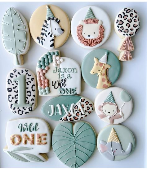 Wild Animal Royal Icing Cookies, Wild One Royal Icing Cookies, Jungle Birthday Cookies, Safari Royal Icing Cookies, Born Two Be Wild Cookies, Safari Decorated Cookies, 1st Birthday Cookies Decorated, Wild One Cookies Decorated, Safari Cookies Decorated