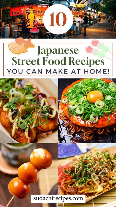 An image of a Japanese food festival with pictures of popular street foods below including takoyaki octopus balls, okonomiyaki savory pancake, dango rice dumplings and yakisoba fried noodles Fried Octopus, Japanese Street Food Recipes, Japan Street Food, Street Food Recipes, Vegetarian Asian, Tasty Appetizers, Octopus Balls, Easy Japanese Recipes, Japanese Street Food