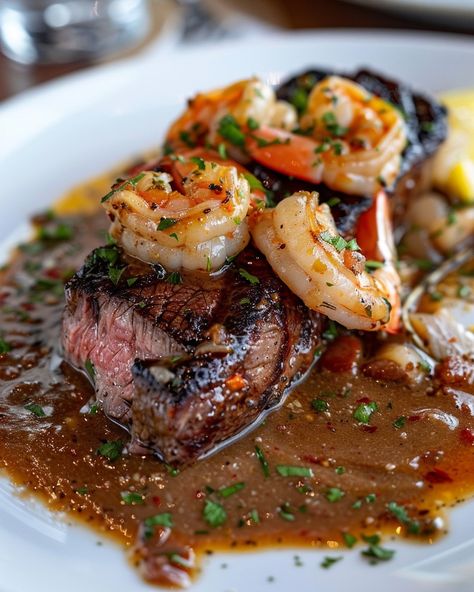 STEAK WITH SHRIMP AND LOBSTER SAUCE 🥩🦐🦞 Ingredients: 4 ribeye or filet mignon steaks Salt and pepper, to taste 2 tbsp olive oil 2 tbsp unsalted butter 2 cloves garlic, minced 1/2 cup white wine 1 cup heavy cream 1/2 cup lobster meat, cooked and chopped 1/2 cup shrimp, peeled and deveined 1 tbsp fresh parsley, chopped Lemon wedges, for garnish Directions: Step 1: Prepare the Steaks Preheat your grill or skillet over high heat. Season the steaks generously with salt... Shrimp And Lobster Sauce, Steak With Shrimp, Sweet Chili Sauce Recipe, Abs Excercise, Lobster Sauce, Steak And Lobster, Filet Mignon Steak, Plating Ideas, Fillet Steak