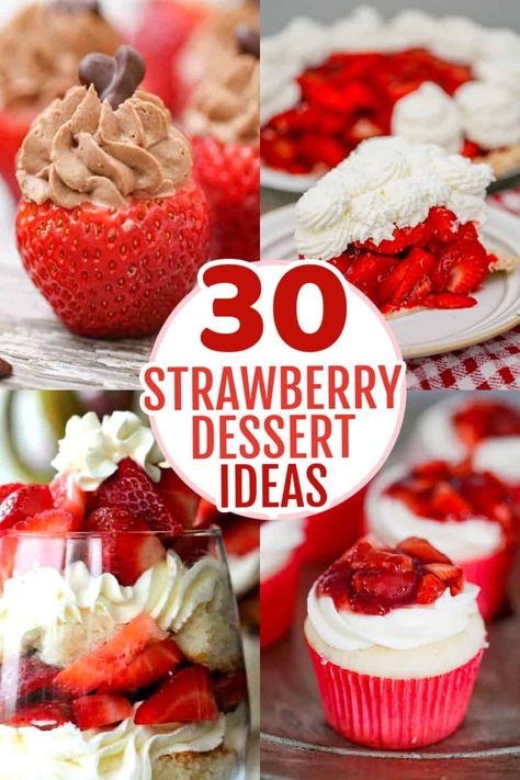 30 Irresistible Strawberry Desserts, perfect for every special occasion. These strawberry recipes are perfect when you want to use up or have some leftover strawberries and need some clever inspiration how to use them, like this No Bake Strawberry Cream Layered Dessert, this Classic Copycat Shoney’s Strawberry Pie and these Easy Chocolate Covered Strawberry Brownies! Easy Dessert Recipes With Strawberries, Simple Strawberry Recipes, Things To Bake With Strawberries, Leftover Strawberry Recipes, Strawberry Shortcake Chocolate Covered Strawberries, Easy Mini Desserts For Parties, Chocolate Breakfast Muffins, Easy Strawberry Dessert, Fruit Deserts