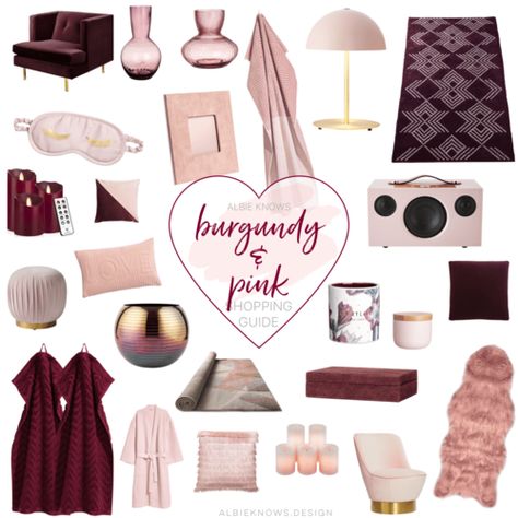 Valentine's Day Inspired Shopping Guide: Blush Pink & Burgundy Burgundy And Blush Living Room, Pink And Burgundy Bedroom, Girlie Apartment, Burgundy Office, Burgundy Bathroom, Burgundy Room, Burgundy Bedroom, Burgundy Background Aesthetic, Glam Apartment