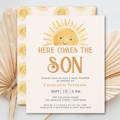 $1.28 | Budget Here Comes The Son Baby Shower Invitation | Baby Shower Invitations | budget sunshine baby shower, here comes the son, baby boy, smiling sun, sunshine, boho, watercolor, stylish typography, yellow cream, here comes the sun Its A Boy Baby Shower Theme, Sunshine Baby Shower Invitations, Baby Boy Sprinkle, Here Comes The Son, Sunshine Baby Shower, Sunshine Baby Showers, Yellow Sunshine, Baby Shower Theme Decorations, Smiling Sun