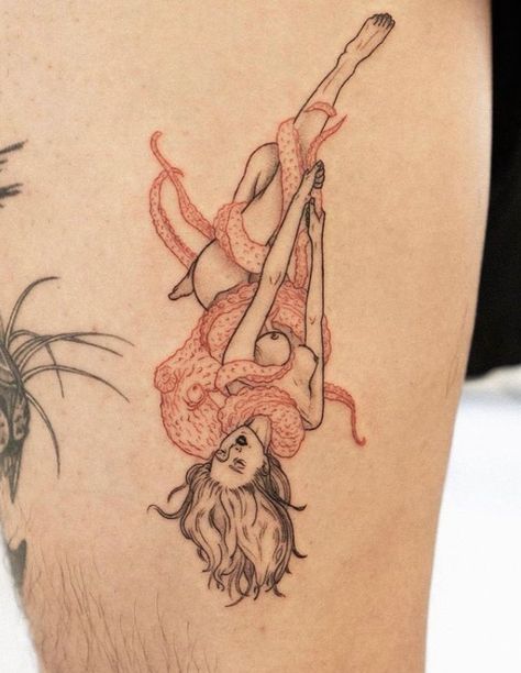 Octopus Woman tattoo done in red and black Octopus Woman, Ca Tattoo, Octopus Tattoo Designs, Tattoo Octopus, Octopus Tattoo Design, Torso Tattoos, Octopus Tattoos, Woman Tattoo, Octopus Design