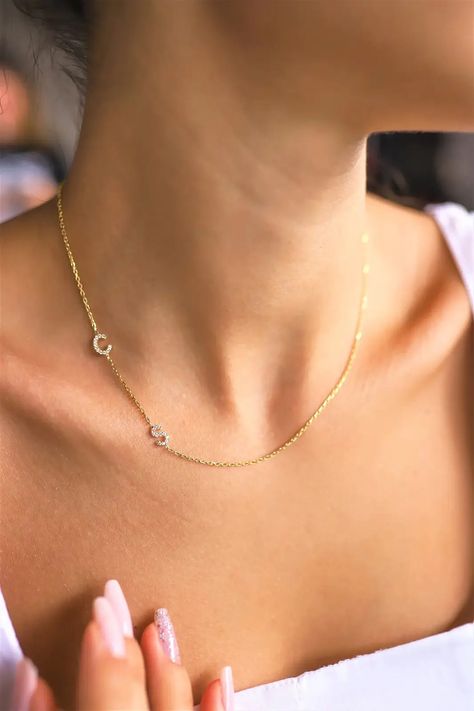 M Necklace, Sideways Initial Necklace, Diamond Initial Necklace, Nameplate Necklace, Necklace Diamond, Summer Necklace, Name Jewelry, Necklace Dainty, Elegant Necklaces