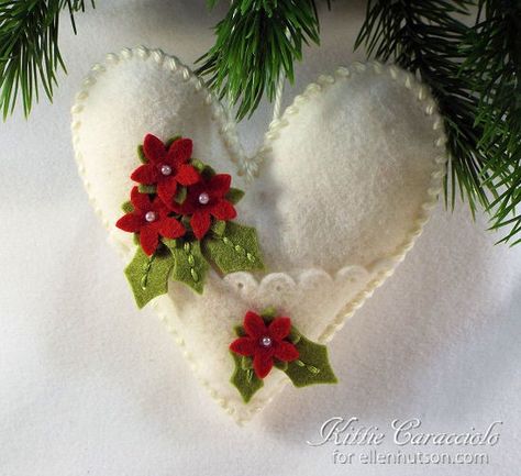 Plush Poinsettia Heart Ornament by Kittie Caracciolo Embroidery Poinsettia, Sew Embroidery, Felt Plush, Felt Christmas Decorations, Fabric Hearts, Felt Embroidery, Felt Heart, Felt Decorations, Felt Christmas Ornaments