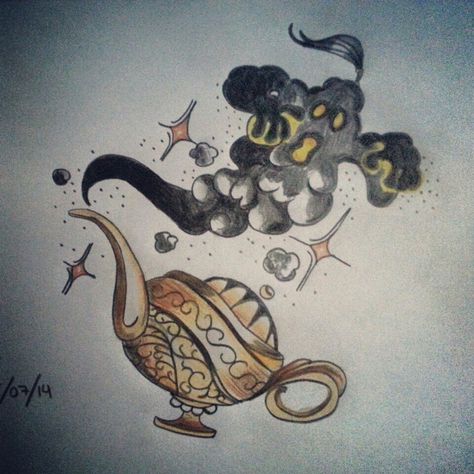 Genio. Tattoo. Lamp. Magic. By EML. Kktattoo. Magic Lamp Tattoo, Trumpet Tattoo, Lamp Tattoo, Genie Lamp, Magic Lamp, Tattoos Ideas, Awesome Things, Pluto The Dog, Rooster