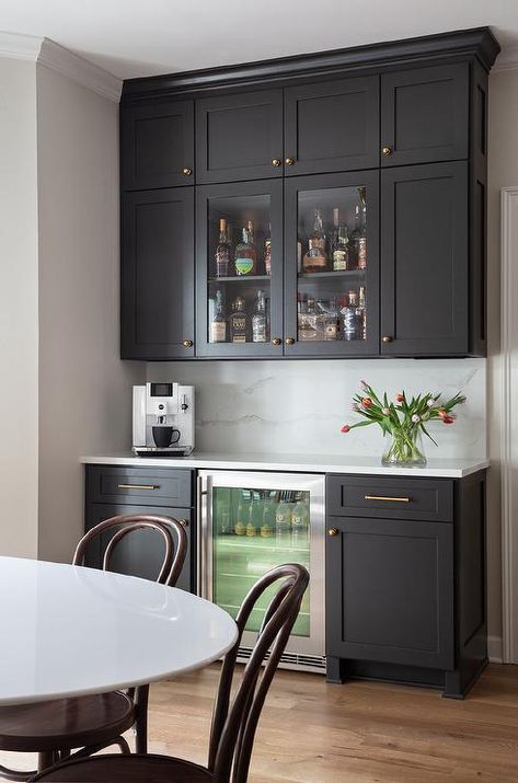 Dining Room Built Ins With Beverage Fridge, Beverage Nook In Kitchen, Bar With Undercounter Fridge, Dry Bar Glass Cabinets, Built In Beverage Fridge Cabinet, Cabinet With Built In Mini Fridge, Black Cabinet Bar Ideas, Coffee Bar With Beverage Fridge, Wet Bar Black Cabinets