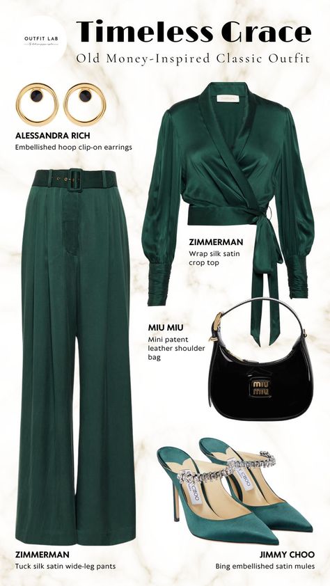 Old Money-Inspired Classic Outfit with Zimmerman top & pants, Jimmy Choo mules, Alessandra Rich earrings and Miu Miu shoulder bag Jimmy Choo Mules, Rich Earrings, Fancy Jumpsuit, Mom Daughter Outfits, Elegant Outfit Classy, Royal Clothing, Classic Outfit, Alessandra Rich, Future Outfit