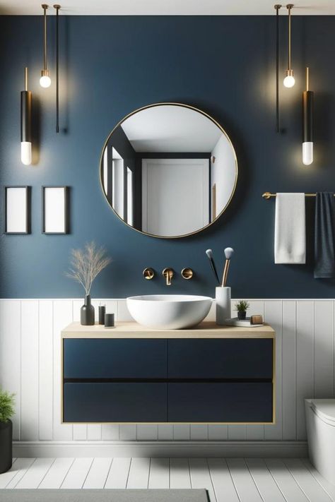 Elevate your small bathroom with these stylish accent wall ideas! 🎨 Discover how to add a touch of elegance and personality to your space. Click to read more on our blog! #GoTinySpace #AccentWall Small Bathroom Accent Wall Ideas, Small Bathroom Accent Wall, Bathroom Accent Wall Ideas, Blue Small Bathrooms, Small Rustic Bathroom Ideas, Bathroom Door Ideas, How To Start Painting, Bold Tile, Accent Wall Ideas