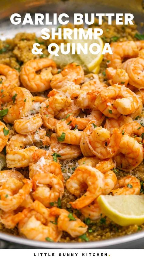 Garlic Butter Shrimp and Quinoa is a low-effort meal that everyone will love! Make it in 30 minutes with a few simple, healthy ingredients. Seafood Quinoa Recipes, Dinner Meal Prep Shrimp, Shrimp Recipes Quinoa, Oil Free Meals Clean Eating, Low Salt Shrimp Recipes, Shrimp Recipes With Quinoa, Clean Eating Recipes Shrimp, Quinoa Recipes With Shrimp, Macro Fish Recipes