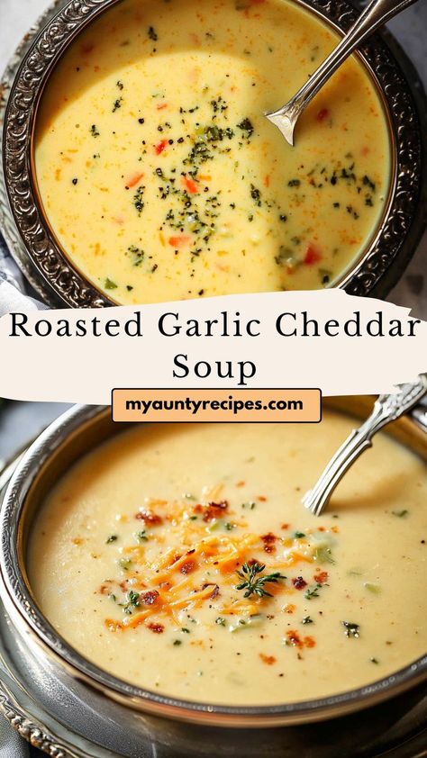 Warm up this season with Roasted Garlic Cheddar Soup, a dish that embodies fall comfort. The roasted garlic adds depth to the creamy cheddar base, creating a soup that’s rich, flavorful, and satisfying. Pair it with quick bread or a side of roasted veggies for an unforgettable fall dinner. Garlic Bread Soup, Soup Side Dishes, Cheddar Cauliflower Soup, Roasted Garlic Soup, Cheddar Cauliflower, Roasted Vegetable Soup, Garlic Cheddar, Roasted Garlic Cloves, Bread Soup