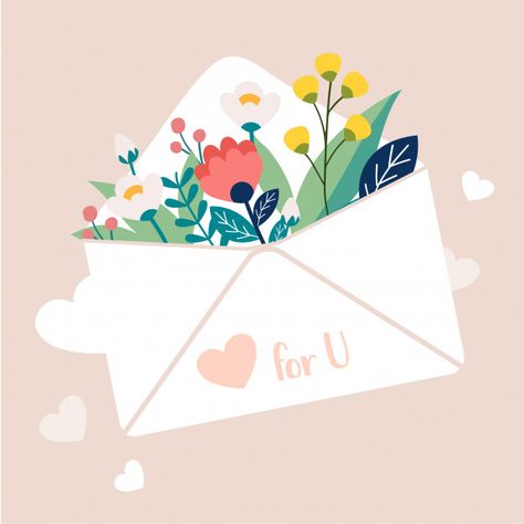 Love Letter Illustration, Bouquet Of Flowers Illustration, Mail Illustration, Flower Bouquet Illustration, Letter Aesthetic, Letter Drawing, Heart Vector Illustration, Letter Illustration, Flower Vector Illustration