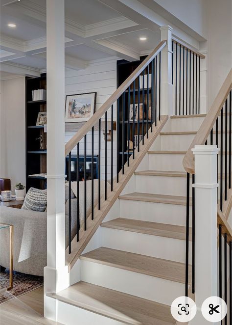 Wood Railing With Metal Spindles, Metal And Wood Banister, Staining Stair Railing, White Spindles Staircase, Staircase With Post To Ceiling, Modern Banisters And Railings Metal, Farmhouse Metal Railings Indoor, Stairs With Post To Ceiling, Modern Farmhouse Handrails For Stairs