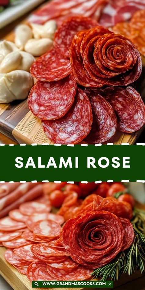 Take your entertaining to the next level with this Salami Rose Board! Beautifully arranged meats, cheeses, and more come together for an appetizer that’s as stylish as it is satisfying. Diy Salami Rose, Salami Roses Charcuterie, Salami Hors D’oeuvres, Salami On Charcuterie Board, Salami Appetizers, Meat Roses, Salami Appetizer, Salami Rose, Rose Wine Glass