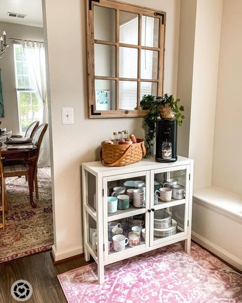 Cabinet With Coffee Bar, Room Must Haves, Coffee Bar Ideas, Coffee Stations, Make Coffee, Gorgeous Interiors, Home On The Range, Glass Cabinet, Bar Ideas