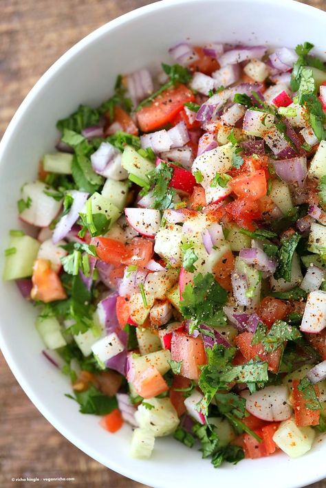 Kachumber Salad - Cucumber Tomato Onion Salad Recipe - Vegan Richa Tomato Cucumber Onion Salad, Cucumber Tomato Onion Salad, Tomato Onion Salad, Onion Salad Recipe, Cucumber Onion Salad, Kachumber Salad, Tomato And Onion Salad, Indian Salads, Cucumber Onion