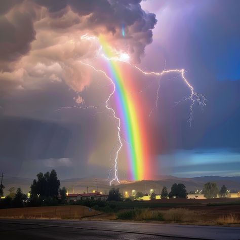 Lightning Magic Aesthetic, Rainbow Through The Storm, Fire Rainbow Cloud, Rain And Rainbow Aesthetic, Weird Artwork, Lightning Storm Aesthetic, Bridge Art, Fire Rainbow, Pretty Phone Wallpaper