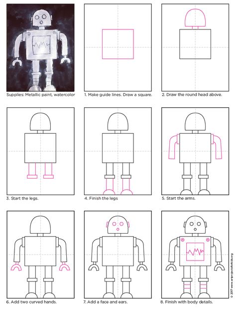 Robot Drawing, The Wild Robot, Directed Drawing, Art Projects For Kids, Art Worksheets, Arte Robot, Elementary Art Projects, A Robot, Learn Art