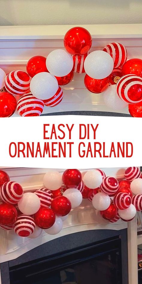 Diy Ornament Garland Christmas Balls, Ornament Garland Doorway, Garland Doorway, Diy Ornament Garland, Ornament Garland Diy, Christmas Doorway Decorations, Garland Front Door, Elf Themed Christmas Party, Garland Mantle