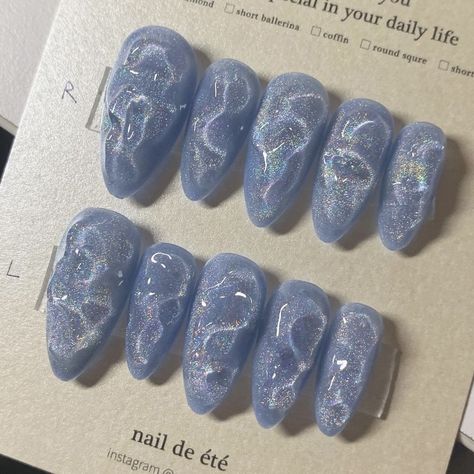 Chinese Press On Nails, Jellyfish Acrylic Nails, Chinese Blue Nails, Gem Gel Nails, Blue Bubble Nails, Douyin Nails Short Almond, Blue 3d Nail Art, Blue Asian Nails, New Jeans Inspired Nails