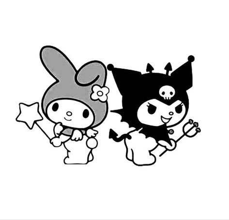 Kuromi And My Melody Cute Drawings, My Melody Tattoo Outline, My Melody And Kuromi Tattoo Ideas, Matching Tattoos Sanrio, My Melody And Kuromi Matching Tattoos, Hello Kitty Tattoo Matching, Kuromi And Hello Kitty Tattoo, Hello Kitty And Kuromi Tattoo, Kuromi And Melody Tattoo