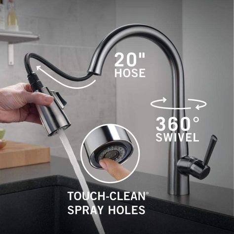 Great Livings reviewed one of the most popular kitchen faucets by Delta — Essa 9113-AR-DST. See all notable features and our verdict.  #kitchen #kitchenfaucet #kitchendesign #kitchenremodel #HomeRenovation #sinkfaucet #pulldown #essa #9113ARDST #deltafaucet Touch Kitchen Faucet, Delta Kitchen Faucet, Brushed Nickel Kitchen Faucet, Brushed Nickel Kitchen, Kitchen Faucet With Sprayer, Navigation Design, Kitchen Pulls, Popular Kitchens, Single Handle Kitchen Faucet