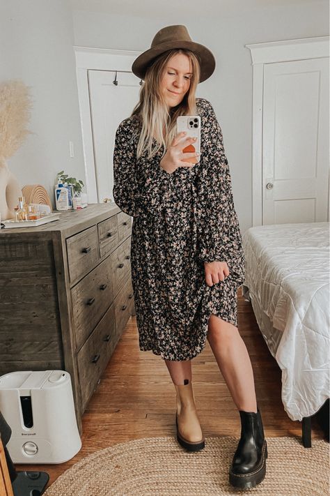 Fall outfit inspo. Long sleeve floral dress. Chunky boots outfit ideas. Chelsea boots. Sam Edelman boots. Boho outfit idea. Beige boots. Tan boots. Long Dress Chunky Boots, Dresses With Chelsea Boots Outfits, Chunky Boots Outfit Dress, Dress With Lug Boots, Dress And Chunky Boots Outfit, Dress With Chelsea Boots Outfits, Chelsea Boots With Dress Outfits, Tan Chunky Boots Outfit, Long Dress And Boots Outfit