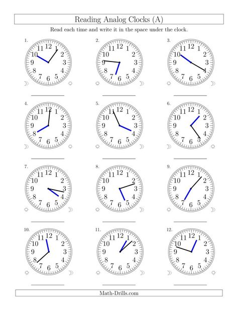 The Reading Time on 12 Hour Analog Clocks in 1 Minute Intervals (A) Math Worksheet Time Worksheets Grade 3, Time Worksheets Grade 2, Elapsed Time Worksheets, Clock Worksheets, Letters Preschool, Math Drills, Telling Time Worksheets, Time Worksheets, Word Problem Worksheets