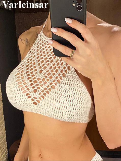 7 Colors Crochet Knitted Halter Bikini Top Female Swimsuit Women Swimwear Bather Bathing Suit Swim Hollow Out Beach Top V4192 Female Swimsuit, Knitted Swimsuit, Beachwear Collection, Crochet Simple, Swimsuit Women, Modern Beach, Beach Tops, Manufacturing Process, Beach Style