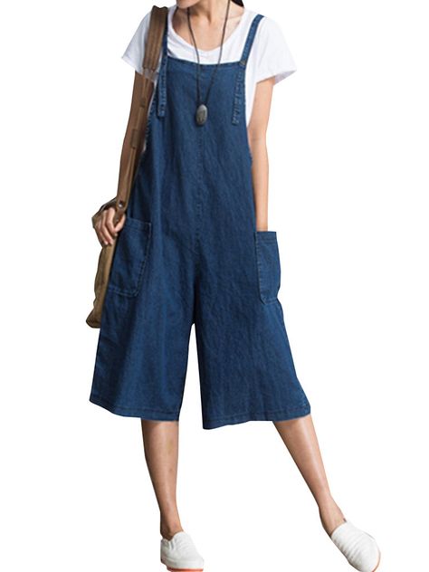 O-NEWE Loose Solid Strap Pocket Jumpsuit Trousers Overalls For Women Pola Jumpsuit, Overalls For Women, Pocket Jumpsuit, Plus Size Romper, Linen Jumpsuit, Plus Size Jumpsuit, Sleeveless Rompers, Jumpsuit Trousers, Sewing Clothes