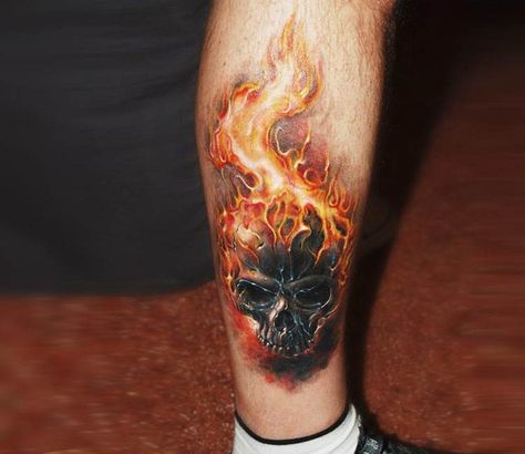 Awesome realistic full colors Skull on Fire tattoo art done by tattoo artist Sergey Gas | Post 7934 | World Tattoo Gallery - Best place to Tattoo Arts Fire Skull Tattoo, Tattoo Knight, Fire Skull, Skull Sleeve Tattoos, Flame Tattoos, Tattoo Henna, Fire Tattoo, Geniale Tattoos, Leg Tattoo Men