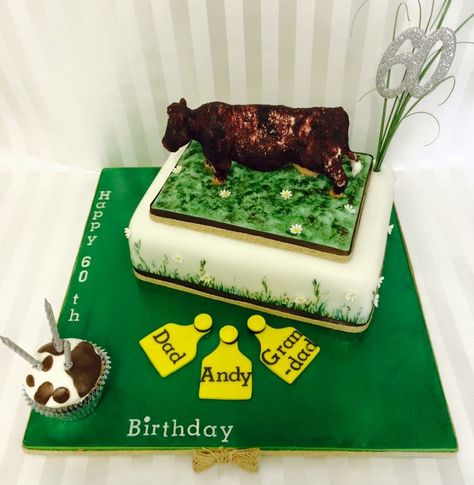 A cow/farm themed cake for one cattle farmer - featuring a hand made, armature cattle model, hand painted and cow print details! Farm Cakes For Men, Farmer Cake For Men, Cattle Cake, Farm Themed Cake, Farm Birthday Cakes, Cake Design For Men, Cow Cake, Truck Birthday Cakes, Cow Cakes