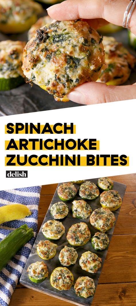 Spinach Artichoke Zucchini Bites are the low-carb way to eat your favorite dip. Get the recipe at Delish.com. #recipe #easy #easyrecipes #delish #appetizer #lowcarb #lowcarbdiet #lowcarbrecipes #cheese #spinach #artichoke #dip #partyideas #partyfood Zucchini Bites, Cheese Spinach, Spinach Artichoke Dip, Keto Foods, Spinach Artichoke, Clean Eating Snacks, Perfect Party, Kitchen Hacks, Sans Gluten