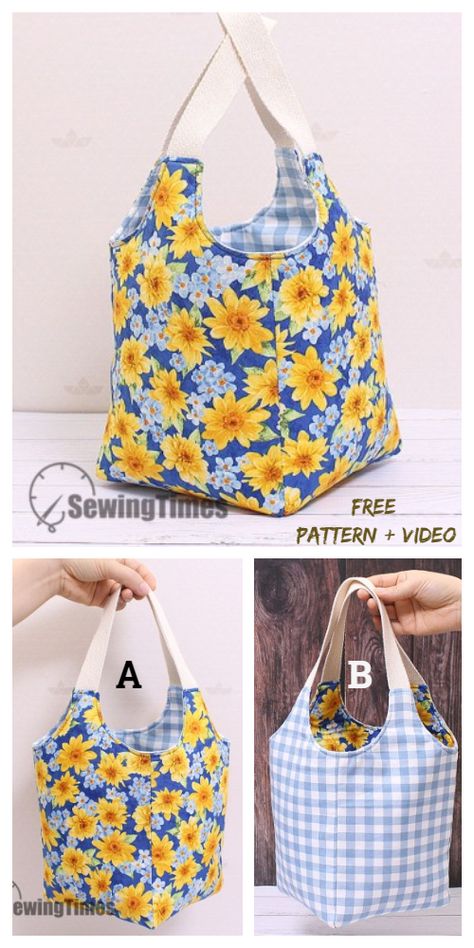 DIY Reversible Fabric Square Tote Bag Free Sewing Pattern + Video | Fabric Art DIY Bag Free Sewing Pattern, Diy Tote Bag Tutorial, Fabric Art Diy, Sewing Tutorials Bags, Tote Bag Pattern Free, Bag Pattern Free, Diy Bags Patterns, Free Sewing Pattern, Sewing Bags