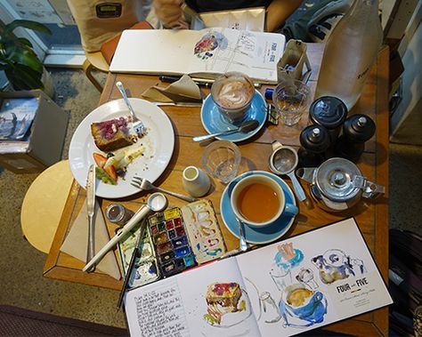 Daily Art Challenge: cafe sketching - How To - Artists & Illustrators - Original art for sale direct from the artist Daily Art Challenge, Liz Steel, Coffee Shop Aesthetic, Coffee Shops Interior, Book Cafe, Artist Sketches, Watercolor Journal, Cafe Art, Cute Cafe