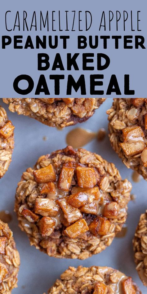 These Caramelized Apple and Peanut Butter Baked Oatmeal Cups are a great way to use up any apples you may have that are about to go bad! They're filling and flavorful and great for meal prep. Make a big batch on Sunday and enjoy a quick and easy healthy breakfast all week long! #mealprepbreakfast #oatmealcups #veganrecipe #mealprepping #kidfriendly Peanut Butter Baked Oatmeal, Quick And Easy Healthy Breakfast, Baked Caramel Apples, Baked Apple Oatmeal, Peanut Butter Breakfast, Apple Snacks, Baked Caramel, Baked Oatmeal Cups, Caramelised Apples