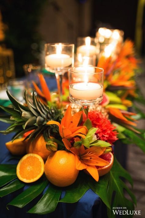 The Magic Of Madeira - WedLuxe Magazine Tropical Fruit Centerpiece Wedding, Tropical Fruit Centerpieces, Low Tropical Centerpiece, Birds Of Paradise Wedding Centerpieces, Fruit Wedding Table Decor, Fruit Table Ideas Wedding, Tropical Fruit Wedding, Madeira Photography, Fruit Centerpieces Wedding