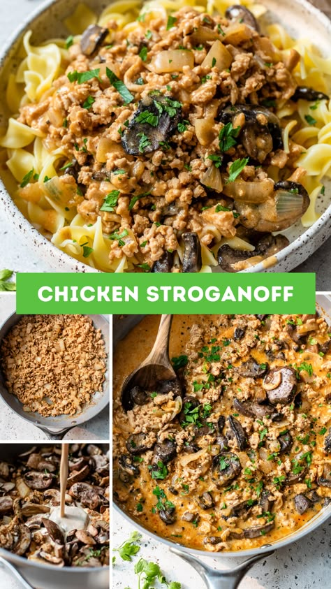 This family-friendly Chicken Stroganoff made with ground chicken and mushrooms in a creamy sauce, perfect over egg noodles or veggie noodles. #dinner #kidfriendlymeal #easydinner #chicken #groundchicken Turkey Meatball Stroganoff, Noodles Dinner, Chicken And Mushrooms, Chicken Stroganoff, Low Carb Low Fat Recipes, Ground Chicken Recipes, Ww Meals, Veggie Noodles, Skinnytaste Recipes