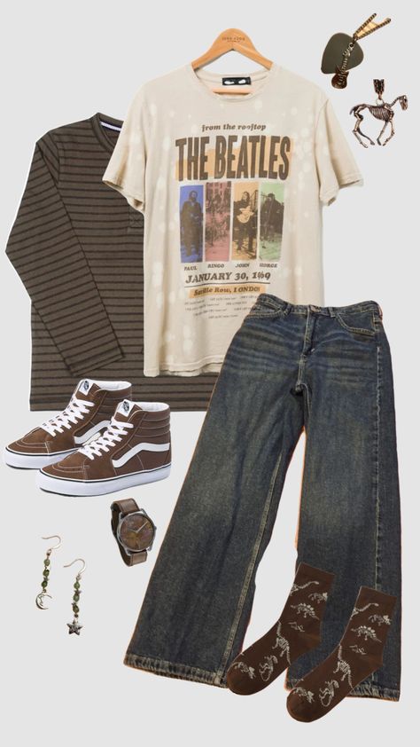 #outfitinspo #vintage #vibes #music #beatles #classic #classicrock #rock #rocknroll #johnlennon #paulmccartney #ringostarr #georgeharrison #shirts #jeans Beatles Shirt Outfit, Beatles Outfit, Classic Rock Fashion, Beatles Fashion, Beatles Shirt, Beatles Tshirt, Beatles John, T Shorts, Future Fashion